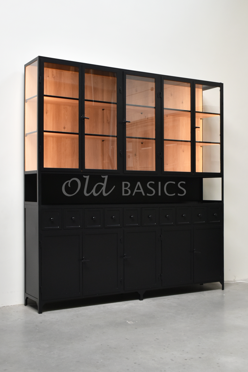 Apothekerskast Fio  Oak LED, 5 deuren, RAL9005, zwart, materiaal staal